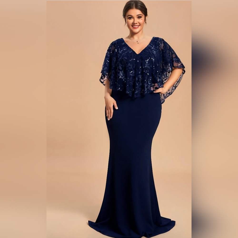 Ever Pretty Navy Blue Long Gown with Lace & Sequins Cape Sleeves Overlay Sz 16 - Picture 4 of 4